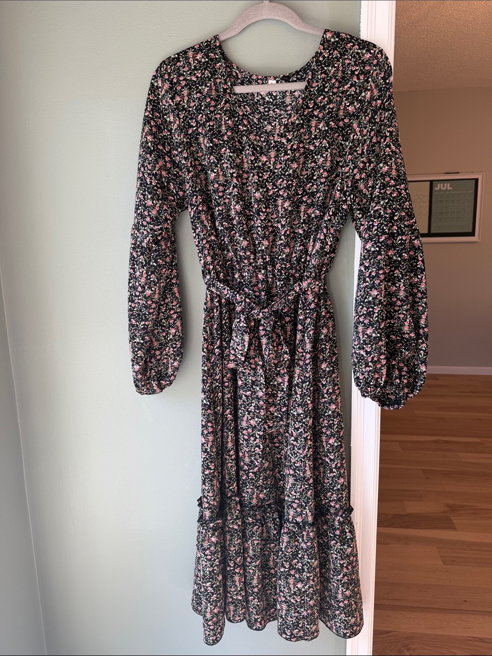 Floral Long Sleeve Tie-Waist Midi Dress